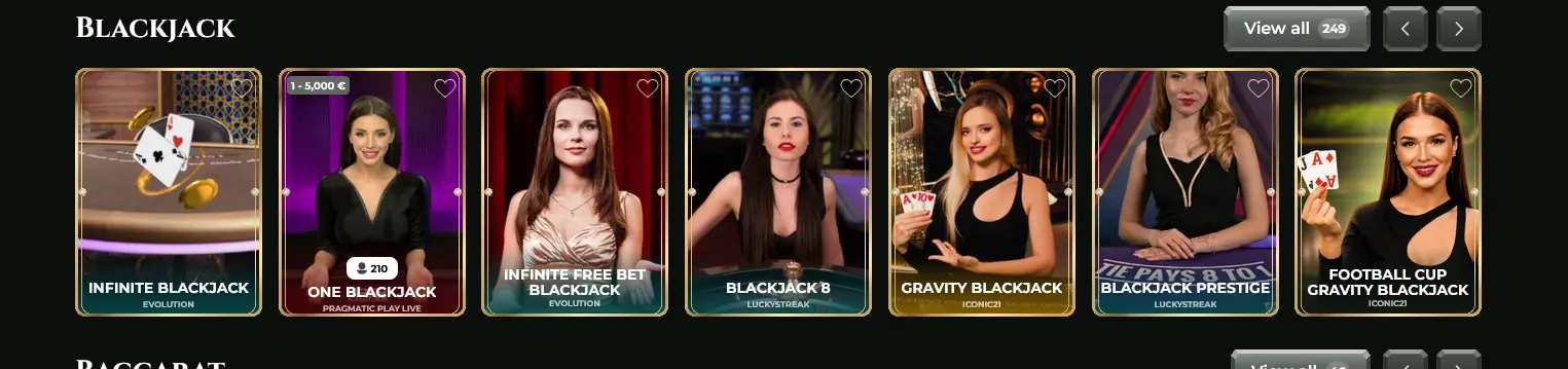 Živé blackjack stoly s krupiéry v Goldzino Casino