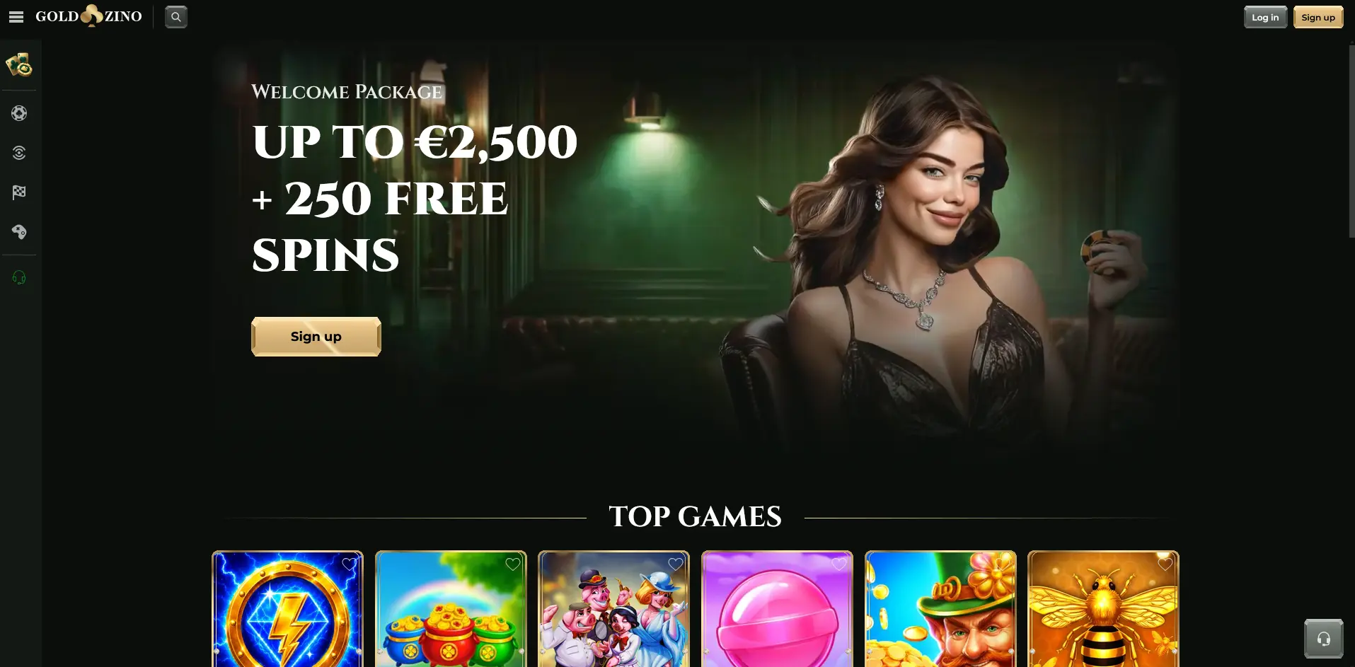 Lobby Goldzino Casino s uvítacím balíčkem a přehledem top her